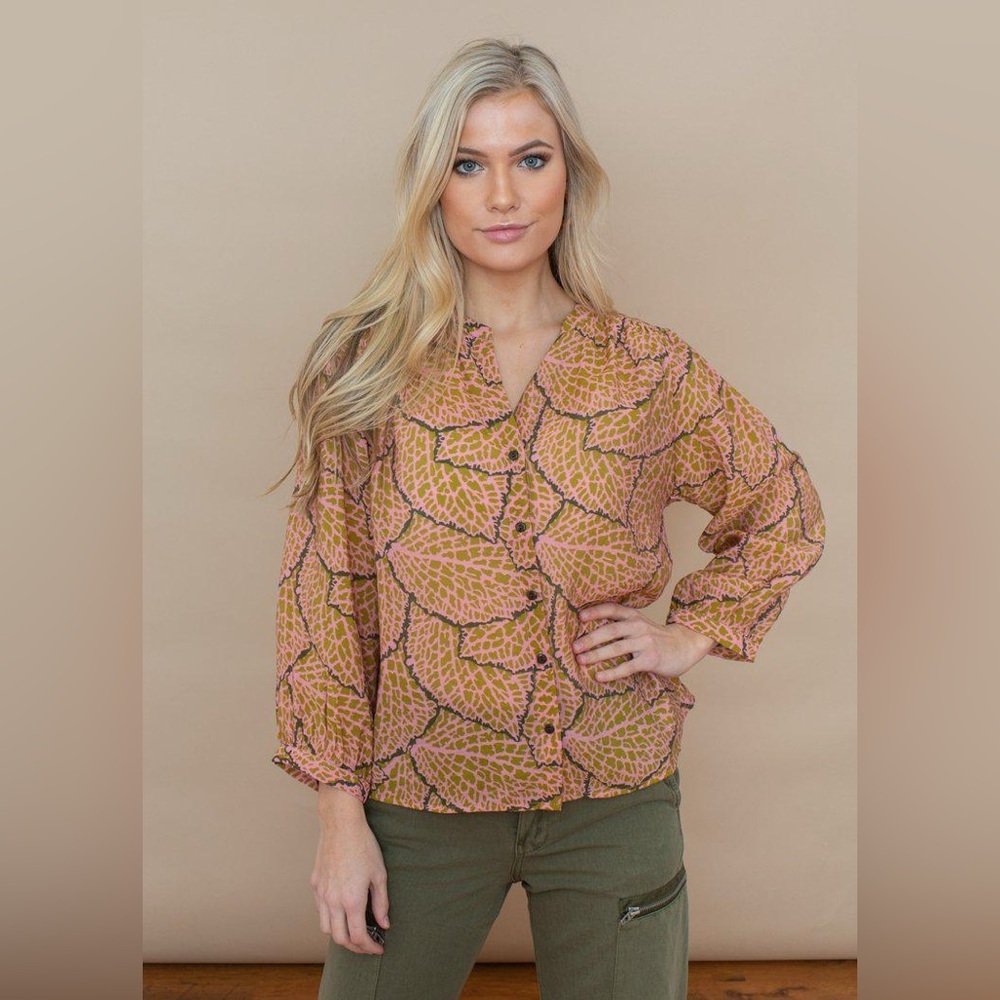 See U Soon Pink and Green Safari Print Blouse